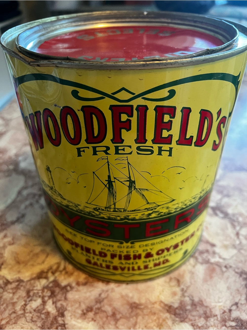 Vintage Woodfield Gallon Oyster Tin Galesville,Md